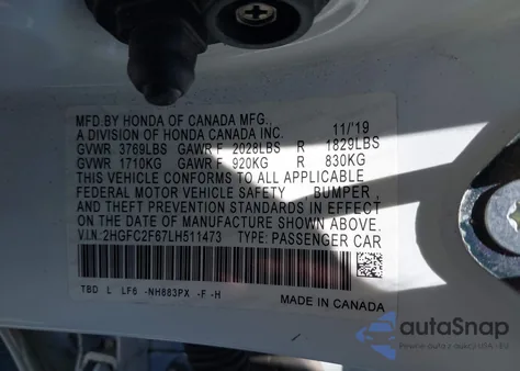 2020 Honda Civic Lx from USA, damaged, VIN 2HGFC2F67LH511473